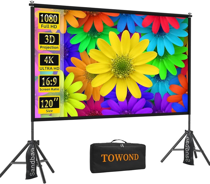 TOWOND شاشة بروجكتور مع حامل، 120 بوصة شاشة بروجكتور داخلية وخارجية محمولة 16:9 4K HD شاشة عرض أفلام أمامية وخلفية مع حقيبة حمل تصميم مقاوم للتجاعيد لمسرح الفناء الخلفي - Image 1